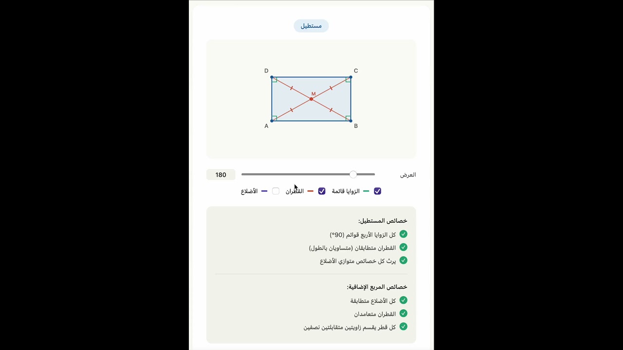 خصائص المستطيل (حالة خاصة من متوازي الأضلاع)